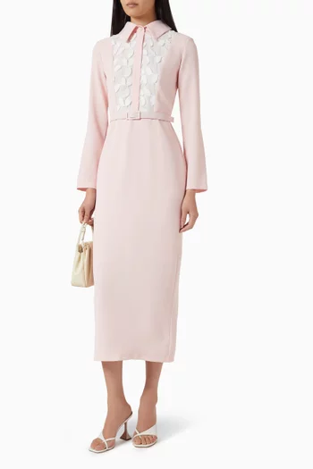 Broderie Yoke Belted Dress in Crepe