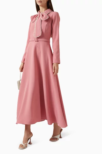 Pearl Bow Belted Midi Dress