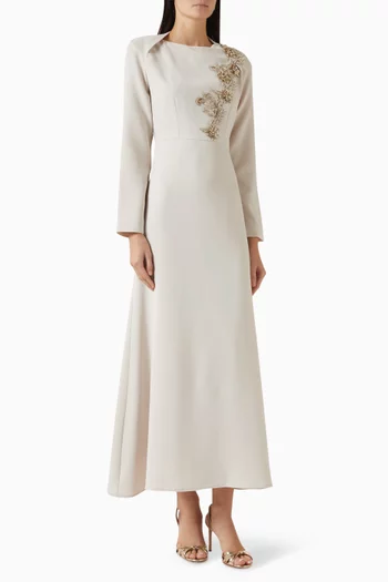 Bead-embellished Belted Dress in Crepe