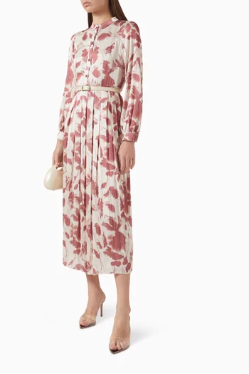 Printed Pleated Midi Dress in Chiffon