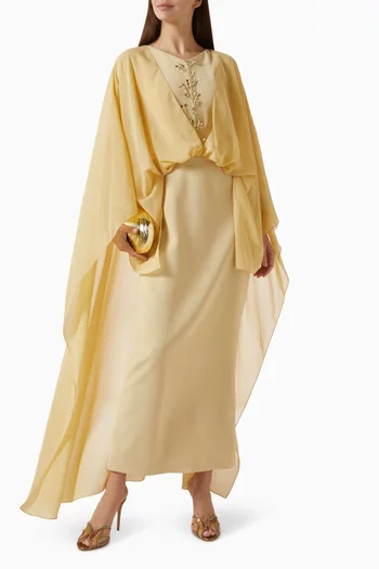 Embroidered Cape-style Maxi Dress in Chiffon