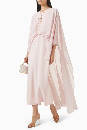 فستان طويل بكاب وتطريزات شيفون