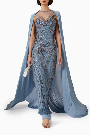 Beaded Embroidered Cape Maxi Dress