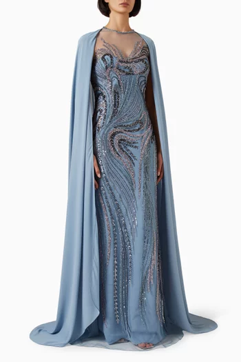 Beaded Embroidered Cape Maxi Dress