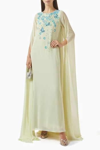 فستان بكاب وتطريزات زهور بارزة كتان