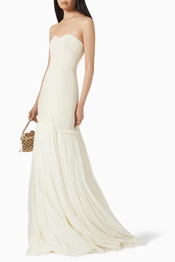 فستان سهرة بلا حمالات تول وكريب