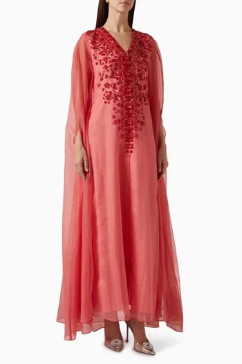 فستان بكاب مزين بتطريزات كتان