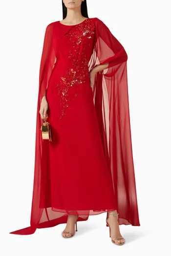 Bead-embellished Cape Dress in Chiffon