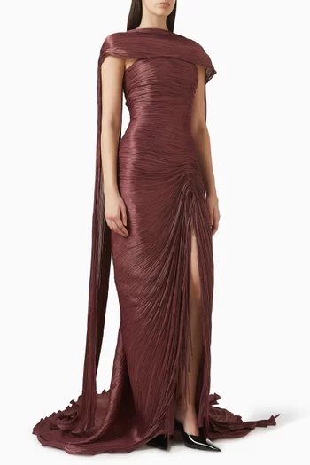 Pleated Cape Slit Gown in Silk