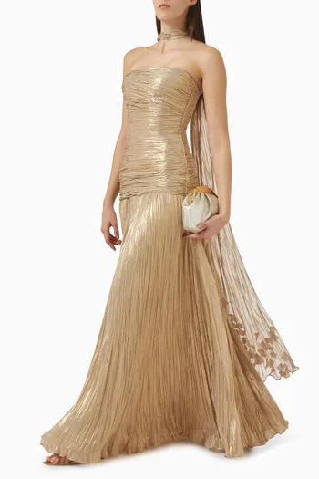 Pleated Corset Slit Gown in Silk