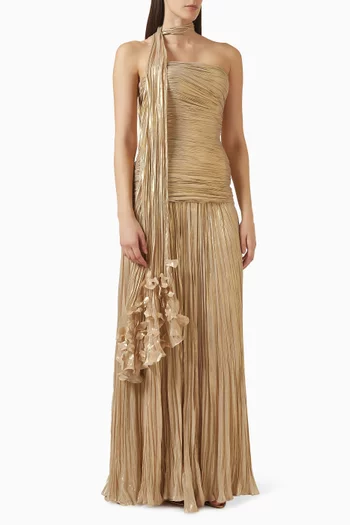 Pleated Corset Slit Gown in Silk