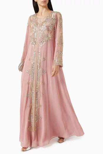 قفطان بنقشة هندسية مطرزة بالخرز كريب