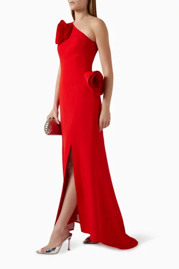 One-shoulder Floral-appliqué Gown