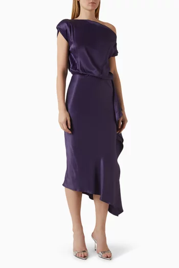 فستان متوسط الطول بأكتاف مكشوفة ستان