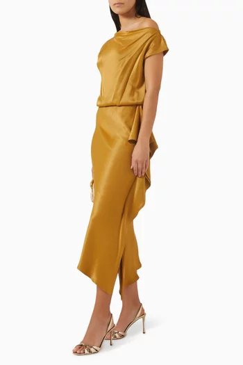 فستان متوسط الطول بأكتاف مكشوفة ستان