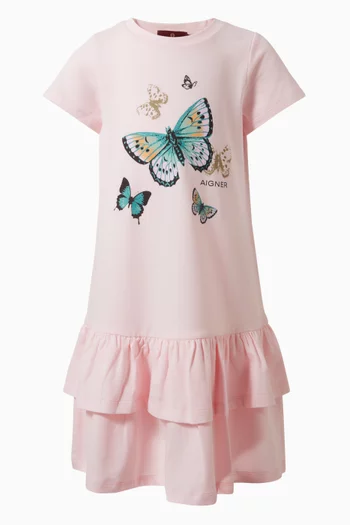 فستان بكشكش وطبعة فراشات قطن