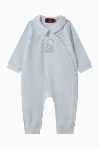 Teddy-embroidered Sleepsuit in Pima Cotton