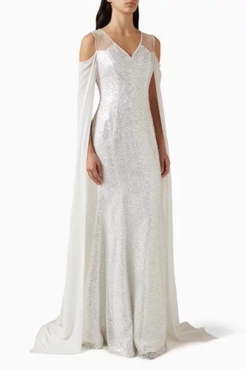 Sequin-embellished Cape-style Maxi Dress