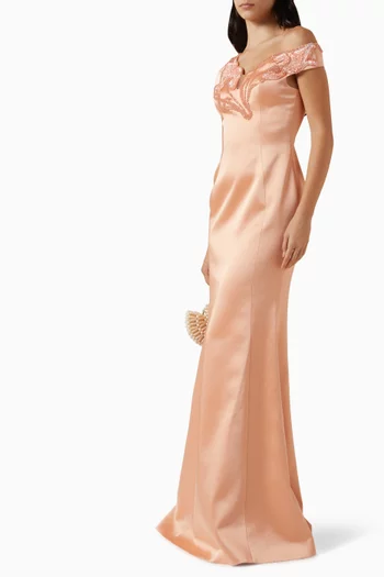 Embellished Off-shoulder Gown in Taffeta Mikado