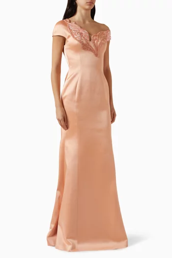 Embellished Off-shoulder Gown in Taffeta Mikado