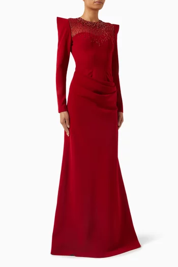 فستان سهرة مزين بتطريزات بالخرز مخمل ستان