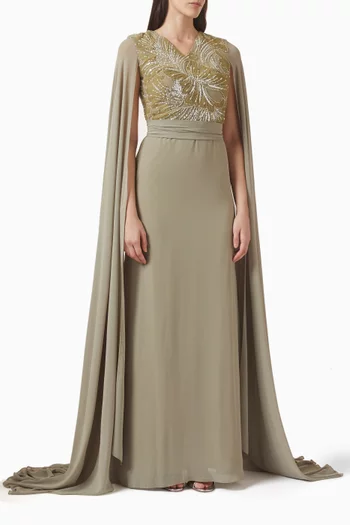 Embellished Bodice Cape-style Maxi Dress