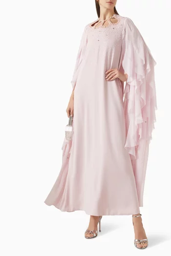 A-LINE GOWN WITH EXAGGERATED CASCADING RUFFLE SLEEVES AND SCALLOPED CUT-OUT NECKLINE DETAILED WITH CRYSTAL EMBELLISHMENTS:Light/Pastel Pink:L|219244645