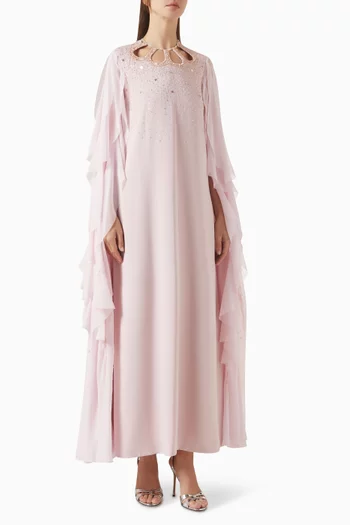 A-LINE GOWN WITH EXAGGERATED CASCADING RUFFLE SLEEVES AND SCALLOPED CUT-OUT NECKLINE DETAILED WITH CRYSTAL EMBELLISHMENTS:Light/Pastel Pink:L|219244645