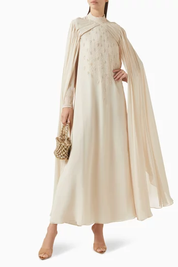 HIGH-NECK GOWN WITH A CRISS-CROSS PLEATED NECKLINE FEATURING CAPE SLEEVES AND SCATTERED EMBELLISHMENTS ON THE BODICE:BEIGE:S|219244663