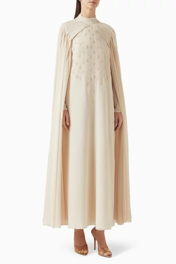 HIGH-NECK GOWN WITH A CRISS-CROSS PLEATED NECKLINE FEATURING CAPE SLEEVES AND SCATTERED EMBELLISHMENTS ON THE BODICE:BEIGE:S|219244663
