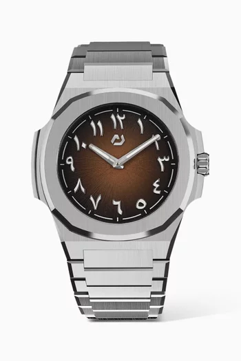 MT Espresso - AR - Silver 316L Stainless Steel 40.5mm Case, Sapphire Crystal with AR coat, Steel Bracelet, WR100M, Swiss Ronda 714, Swiss Luminous Hands, Extra Brown Rubber Strap, Brown Gradient Dial, Arabic:SILVER:One Size|219246068
