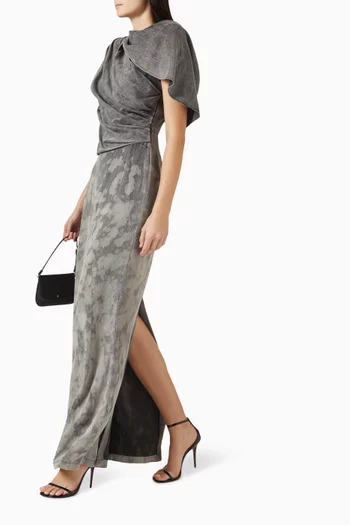 فستان بنقشة بلون باهت وكشكش دينم