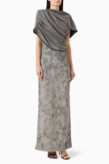 فستان بنقشة بلون باهت وكشكش دينم