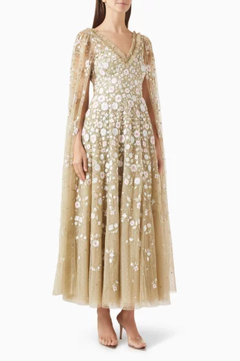 Ethereal Blooms Cape-sleeve Ankle Gown