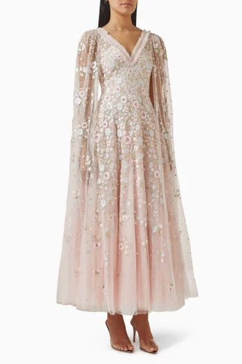 Ethereal Blooms Cape-sleeve Ankle Gown