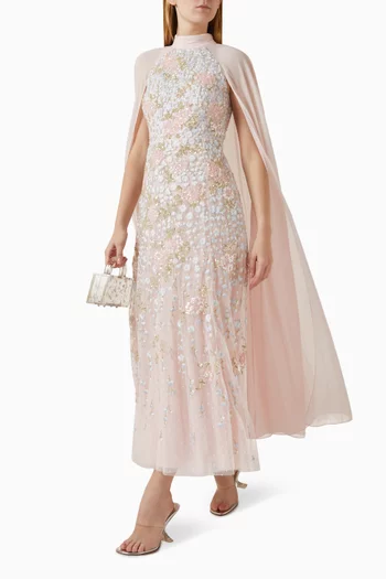 فستان كريسيدا مطرز بزهور بكاب وطول الكاحل