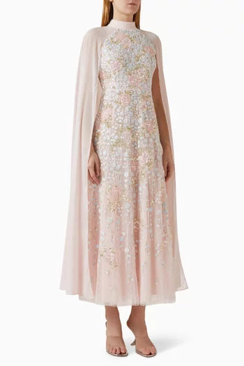 فستان كريسيدا مطرز بزهور بكاب وطول الكاحل