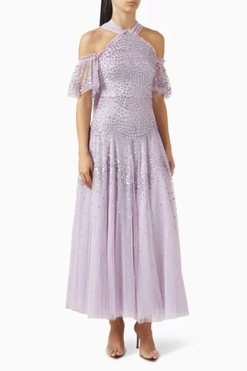 فستان سكالوب بأربطة حول الرقبة ومطرز بالترتر