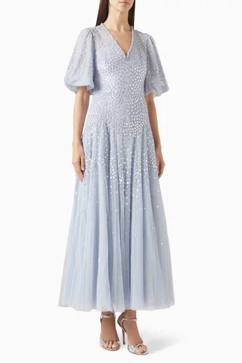 فستان سكالوب بطول الكاحل ومطرز بالترتر