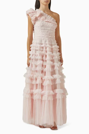 فستان ليزيت بفتحة رقبة بكتف مكشوف وكشكش