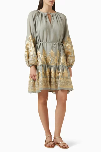 Embroidered Belted Mini Dress