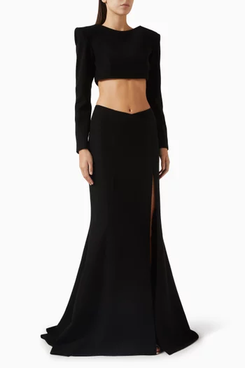 طقم بلوزة بأكمام طويلة وتنورة كريب