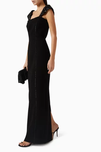 فستان طويل مطرز بالكريستال كريب