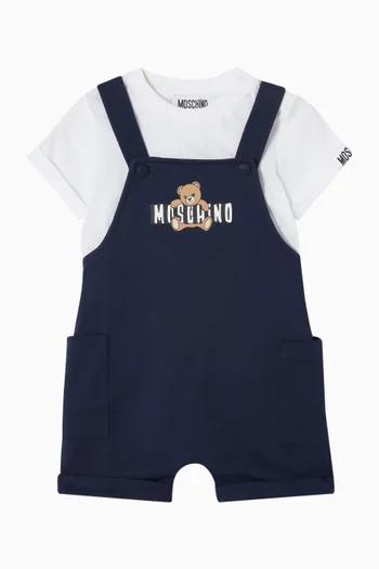 Teddy-print T-shirt & Dungaree Set