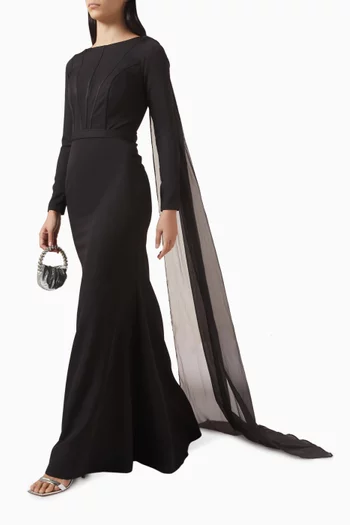 Panelled Cape Dress in Crepe & Organza