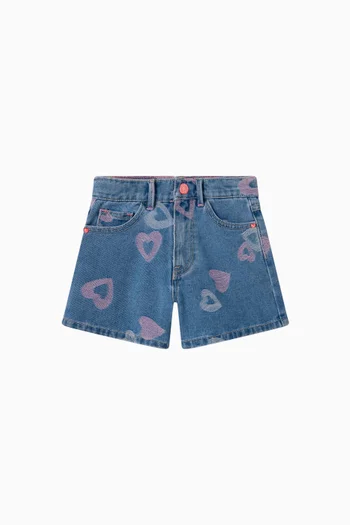 Heart-print Denim Shorts