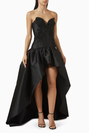 فستان سهرة ثارا بحافة قصيرة من الأمام وطويلة من الخلف حرير ميكادو