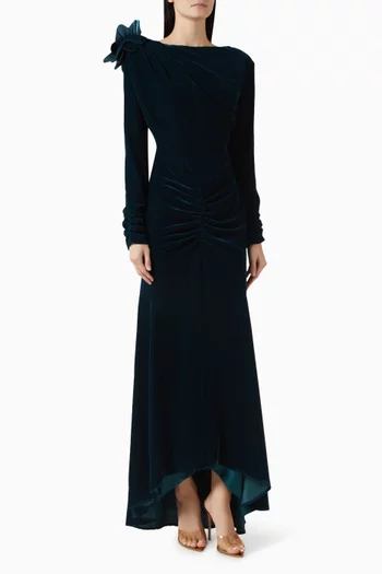 فستان بكشكش وزهرة بارزة مخمل