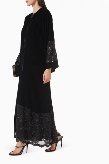 3D Embroidered Fringe Abaya in Tulle