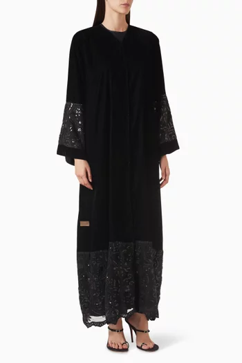 3D Embroidered Fringe Abaya in Tulle